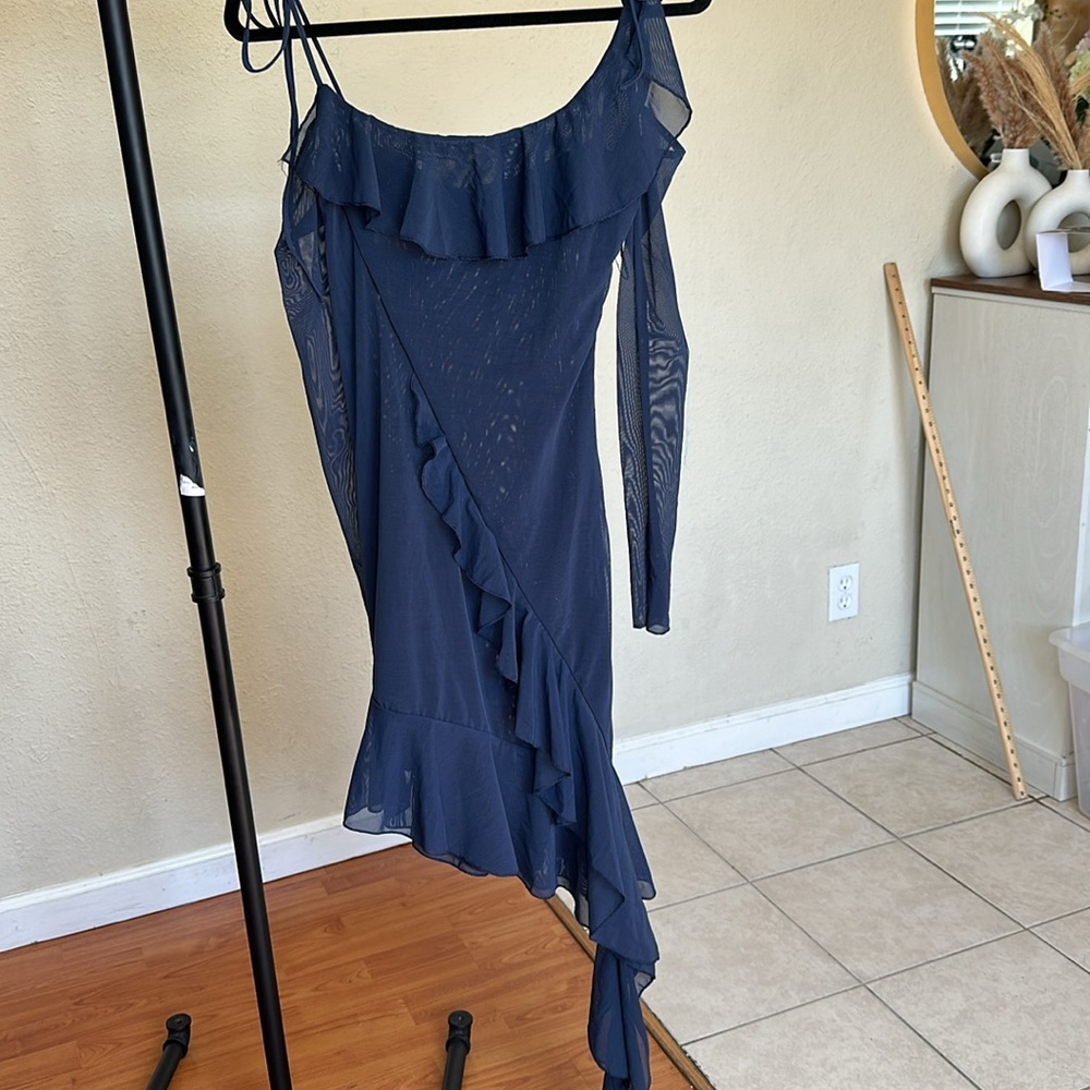 House of CB Kiki French Navy Ruffle Mini Dress Blue XS Tall Asymmetrical Mesh - Picture 8 of 10